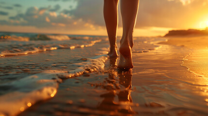 bare feet walking in sunset at the beach