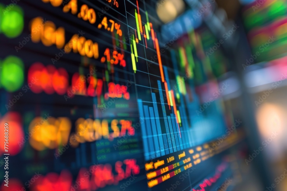 Poster abstract colorful stock market graph on digital display with numbers and arrows.