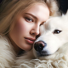 a blonde woman in an embrace with a white dog
