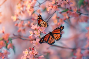 Monarch butterflies on blossoming branch in vibrant spring garden with pink flowers