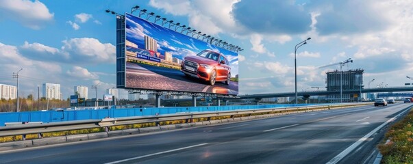 Urban cityscape with a digital billboard featuring a red luxury car ad on a bustling highway. - obrazy, fototapety, plakaty