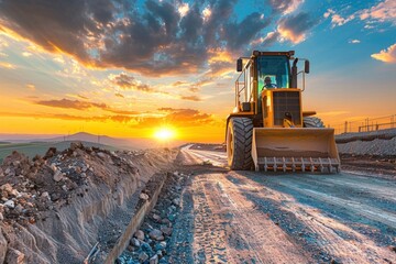 Large yellow earthmover moving earth at construction site during beautiful sunset - obrazy, fototapety, plakaty