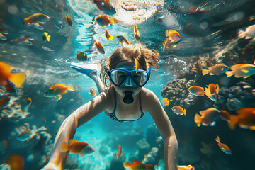  girl in snorkeling mask dives gracefully underwater, exploring the vibrant marine world, perfect for travel and vacation concepts - obrazy, fototapety, plakaty
