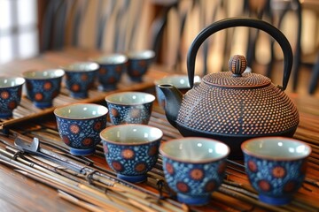 Obraz na płótnie Canvas Black and Blue Japanese Teapot and Cups Set Isolated on Wood Background