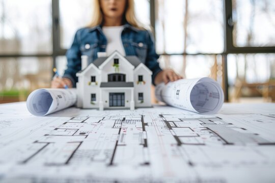 Female architect working on detailed house plans for a modern residential project