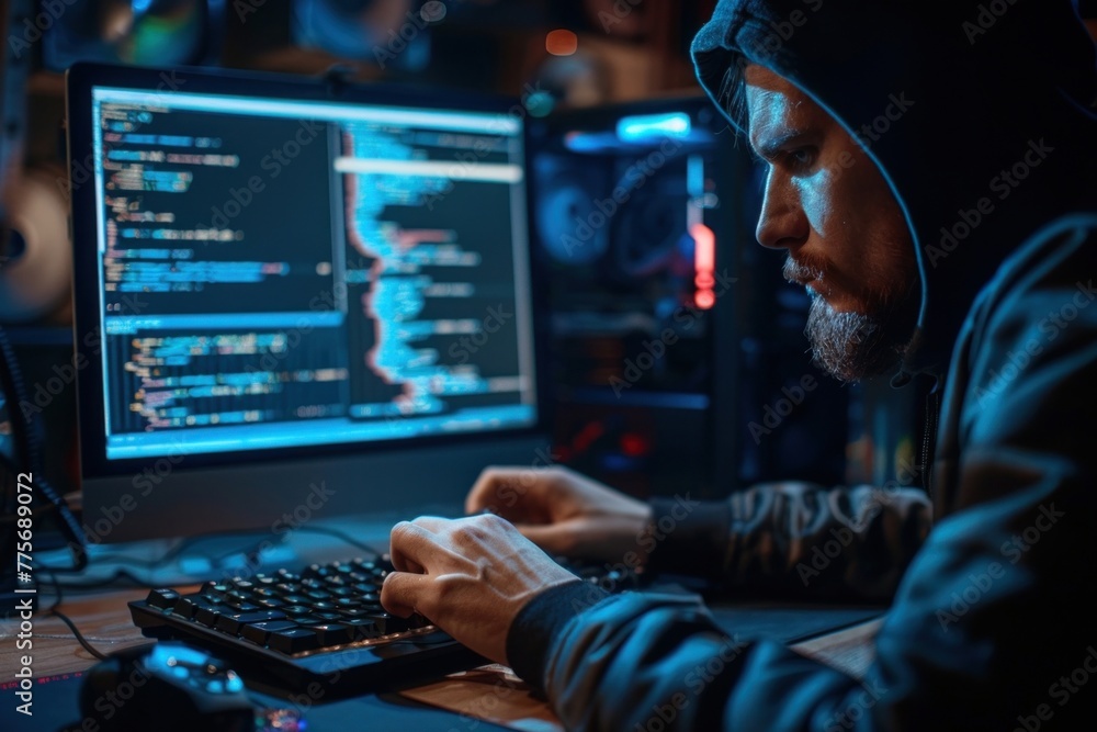 Aufkleber bearded hacker in a black hoodie types on a backlit keyboard in a dimly lit room with two monitors.