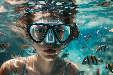 Naklejka premium girl in snorkeling mask dives gracefully underwater, exploring the vibrant marine world, perfect for travel and vacation concepts