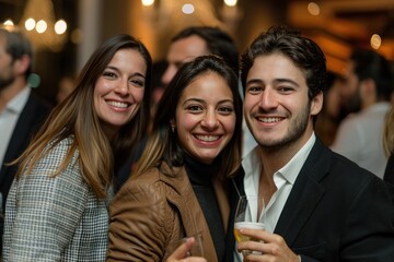 Three young professionals networking happily during a business social gathering