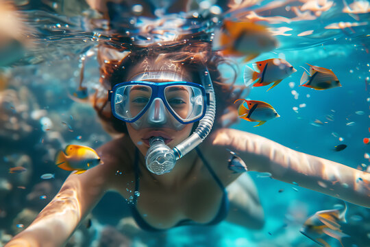 girl in snorkeling mask dives gracefully underwater, exploring the vibrant marine world, perfect for travel and vacation concepts