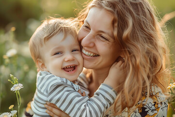 A joyful moment captured as a happy mother and her little son share laughter together, radiating warmth and love, ideal for family-themed concepts