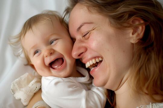 A joyful moment captured as a happy mother and her little son share laughter together, radiating warmth and love, ideal for family-themed concepts
