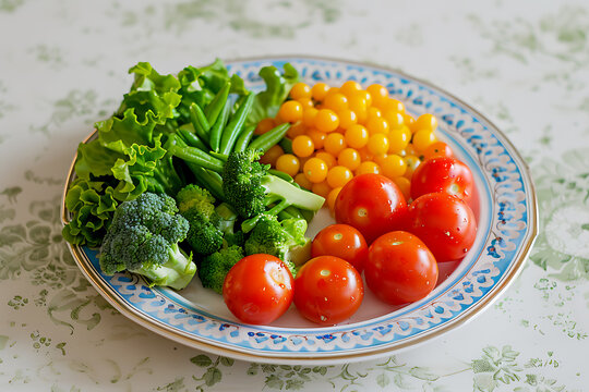 A vibrant plate filled with an assortment of colorful, fresh vegetables, offering healthy eating inspiration and culinary delight for nutrition-themed designs and food-related projects