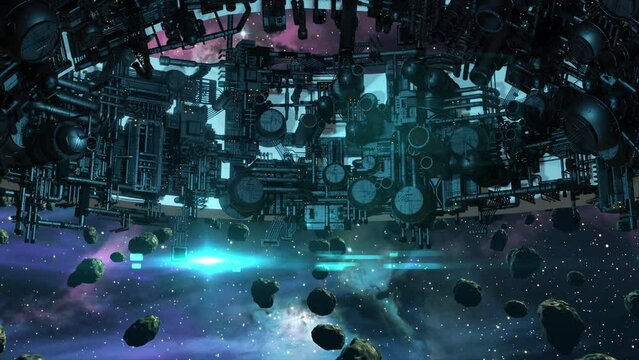 animation - Futuristic space station with asteroids and stars