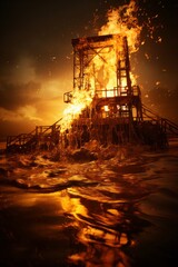 An oil rig on fire is seen blazing in the middle of the ocean, billowing black smoke and flames into the sky. The intense heat and chaos illustrate a dangerous emergency situation - obrazy, fototapety, plakaty