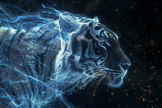 Majestic tiger illustration showcasing intricate digital wireframe polygons, exuding power and grace, perfect for wildlife-themed designs and creative projects