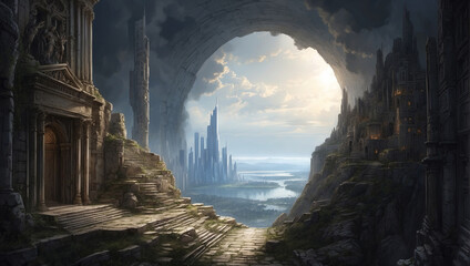 Beautiful fantasy backround, mountains and fantasy castle Generative Ai