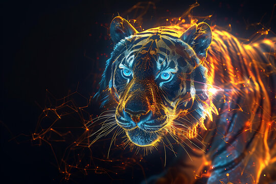 Illustrative wireframe-based visualization with a radiant translucent background, featuring the striking presence of a tiger, ideal for modern design and wildlife-themed projects