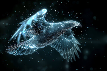 Eagle depicted in a wireframe-based visualization against a glowing translucent background, ideal for modern design and wildlife-themed projects. - obrazy, fototapety, plakaty