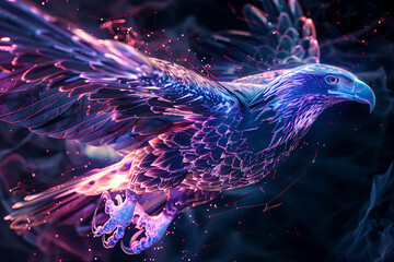 Eagle depicted in a wireframe-based visualization against a glowing translucent background, ideal for modern design and wildlife-themed projects. - obrazy, fototapety, plakaty