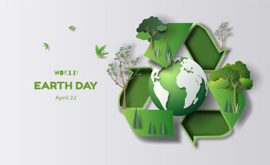 Recycling symbol with green leaves and a beautiful earth, save the planet and energy concept, paper illustration, and 3d paper. - obrazy, fototapety, plakaty