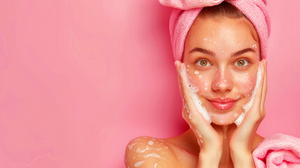 A woman is standing in front of a pink wall with a towel on her head. She is smiling and she is enjoying herself. A girl with clean skin washes pink background - Powered by Adobe
