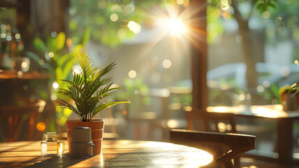 Golden morning light caresses a serene cafe setting with a touch of greenery - obrazy, fototapety, plakaty