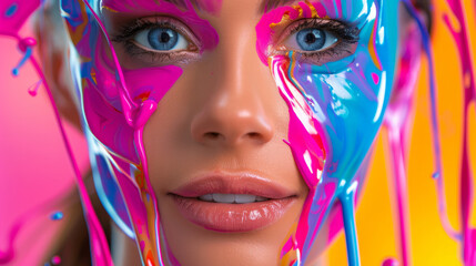 A woman with colorful face paint is smiling. The painting is vibrant and colorful, a fun and playful atmosphere. a beautiful woman after having various colors of high gloss paint poured over her.