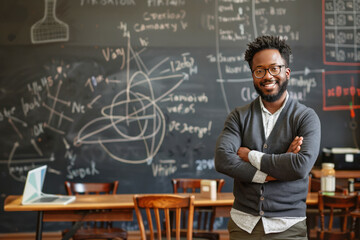 A smiling teacher with glasses in front of a chalkboard filled with diagrams