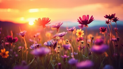 Beautiful spring flowers in the meadow at sunset. Toned.