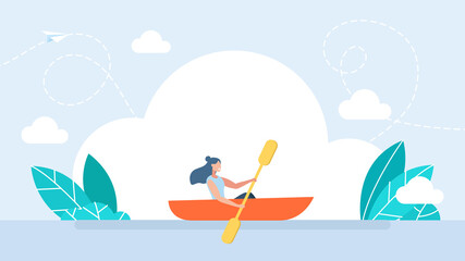 Obraz na płótnie Canvas Happy active woman rafting on kayak or canoe along river. Businesswoman with boat and adventure rowing. Concept water sports, kayaking, activity, rafting, canoe. Flat cartoon illustration