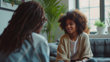Therapy session: a young black woman in a counseling or therapy session for mental health