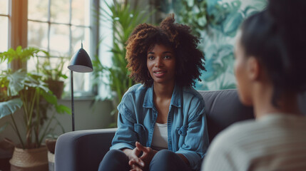 Therapy session: a young black woman in a counseling or therapy session for mental health