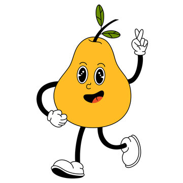 Groovy pear fruit. Hand draw Funny Retro vintage trendy style fruit cartoon character. Doodle Comic vector illustration