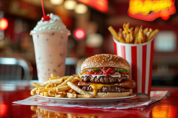 Classic american diner meal with burger and shake