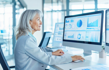Senior businesswoman working with financial graphs charts online in office using business software for data analysis and project management concept. Mature female employee working on financial report.