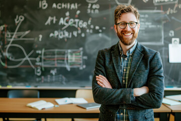 A smiling teacher with glasses in front of a chalkboard filled with diagrams