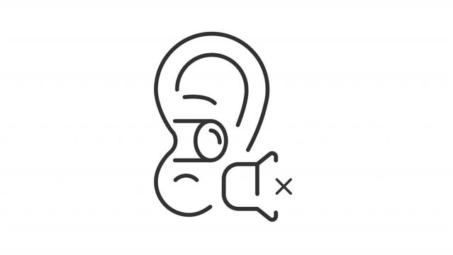 Earplugs line animation. Ear soundproof animated icon. Sound mute, device inserting. Noise control equipment. Black illustration on white background. HD video with alpha channel. Motion graphic