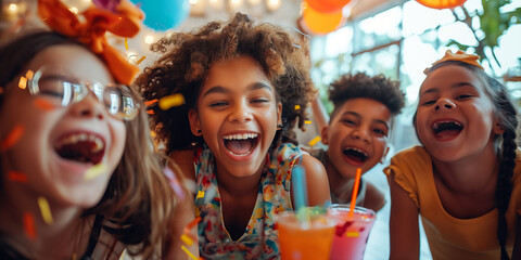 A group of cheerful eleven years old friends celebrating birthday indoors with colorful confetti and balloons. Crazy preteen birthday party at home. - 775692217