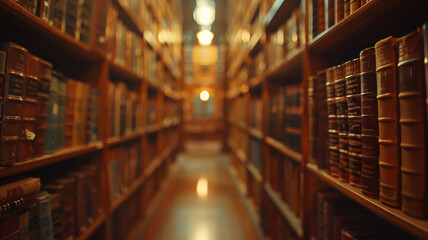 Stacks of ancient books in a vintage library glow with timeless knowledge