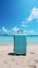 blue travel bag on the beach