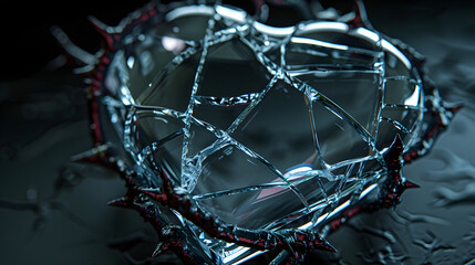 Fototapeta na wymiar Broken glass heart with thorns on black background. Unrequited love, separation concept.