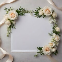 gray background with ribbon white card flowers and leaves copy space