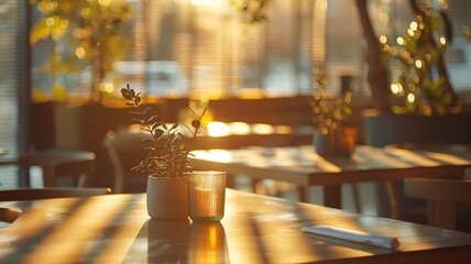 Golden morning light caresses a serene cafe setting with a touch of greenery - obrazy, fototapety, plakaty