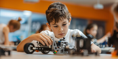 Ten years old boy constructing robotic device in robotics class. Teen child constructing robotic vehicle. STEM education concept.
