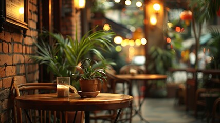 Fototapeta na wymiar Tranquil café ambiance with plants and refreshing beverage on wooden table