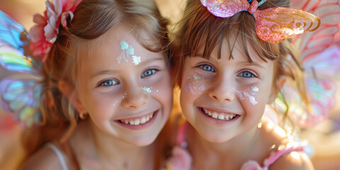 Two cute little girls dressed as magic fairies have their faces painted with a facepaint. Children wearing costumes at a party outdoors.