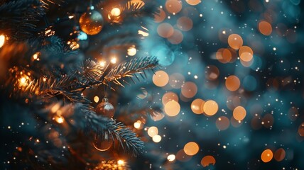 Obraz na płótnie Canvas Festive Christmas lights on evergreen branches sparkling with holiday cheer