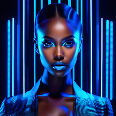 Spectacular Black Women on Blue Neon Background(Generative AI) - obrazy, fototapety, plakaty