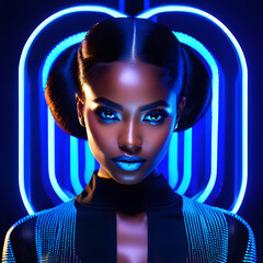 Spectacular Black Women on Blue Neon Background(Generative AI)