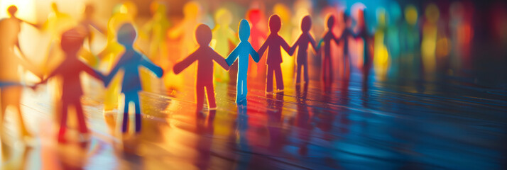 Rainbow colored paper human figures holding their hands on nature background. Diversity and Inclusion concept. - obrazy, fototapety, plakaty